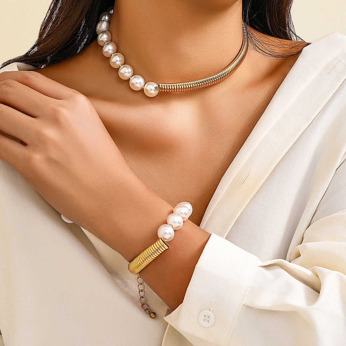 Punk Sweet Geometric Faux Pearl Plated Snake Chain Choker Necklace for Women