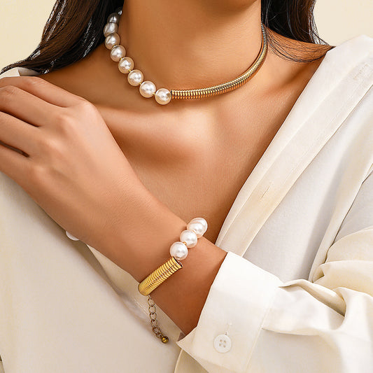 Punk Sweet Geometric Faux Pearl Plated Snake Chain Choker Necklace for Women