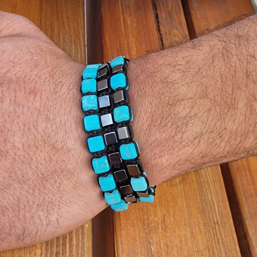 Casual Rectangle Hematite Turquoise Handmade Bracelet Unisex Adjustable