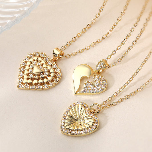 Minimalist Vintage 18K Gold Plated Brass Heart Cubic Zirconia Pendant Necklace for Women
