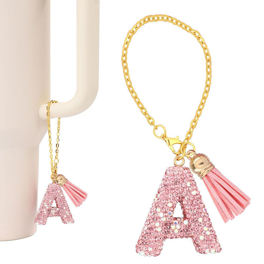 Minimalist Geometric Letter Ceramic Pendant with Gold Adjustable Chain Pink Tassel and Glitter Sequins