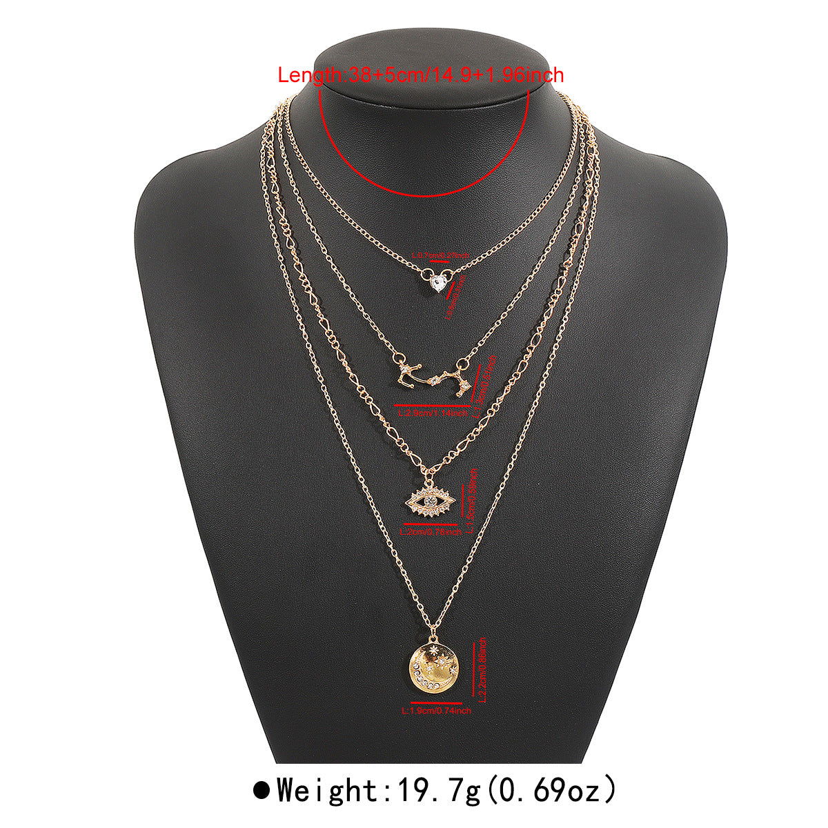 Collana Stratificata Geometrica Vintage da Donna con Pendente a Luna e Occhio, in Lega Elettroplaccata, Intarsi in Strass, Dettagli a Cuore