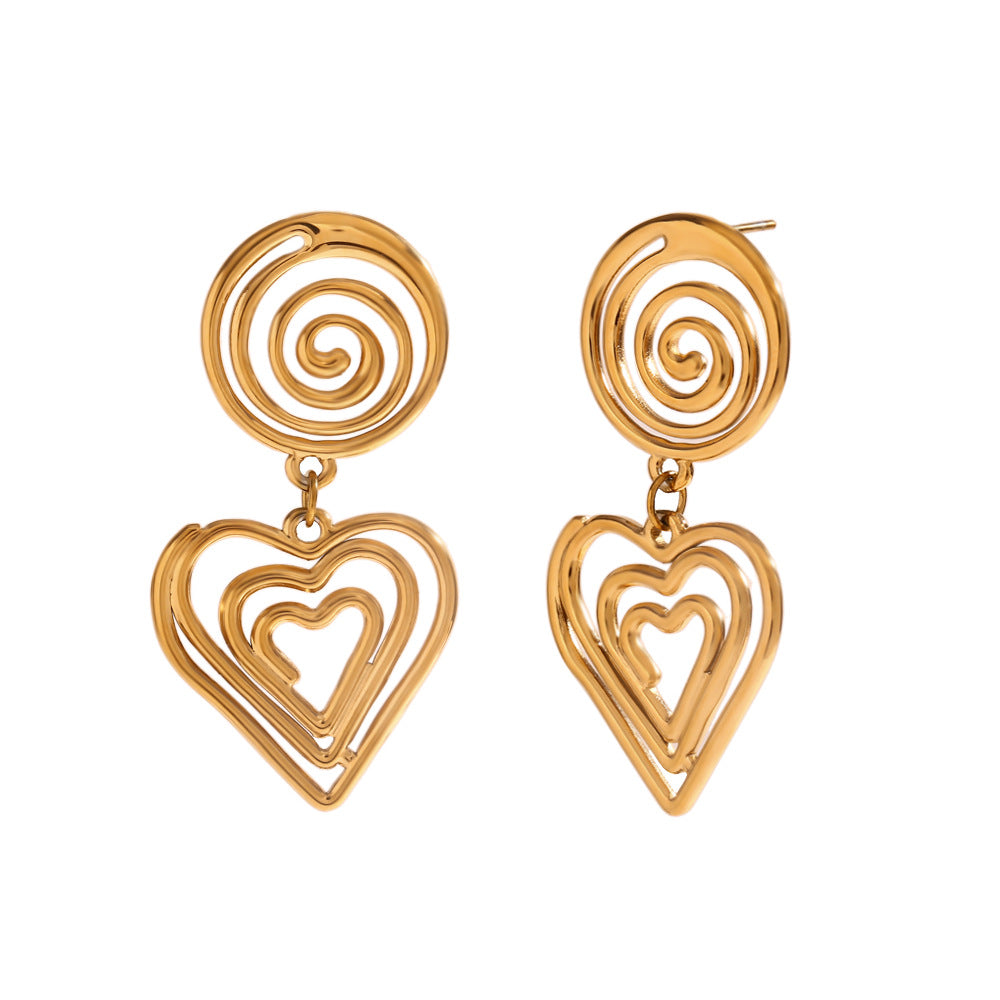 Pendientes Minimalistas Geométricos Huecos en Espiral con Corazón para Mujer de Acero Inoxidable con Chapado en Oro de 18K