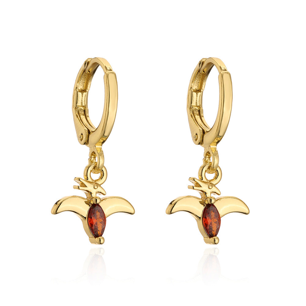 Cute Dinosaur-Shaped Earrings for Women with Copper Base and 18K Gold Plating, Micro-Paved Zirconia