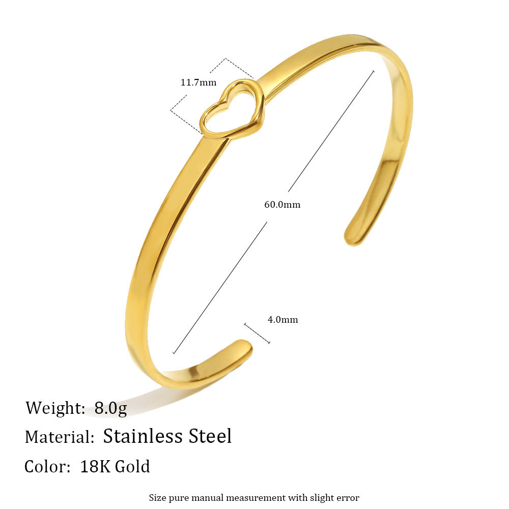 Pulsera de acero inoxidable con corazón hueco de estilo francés minimalista, chapado en oro de 18 quilates y líneas de acento de circonita