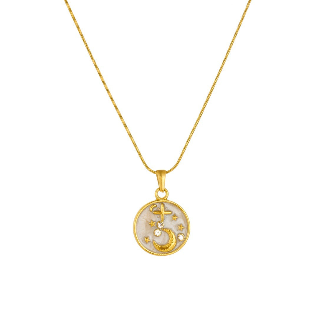 Sweet Round Star and Moon Drip Oil Plated Stainless Steel Pendant Necklace Set for Women