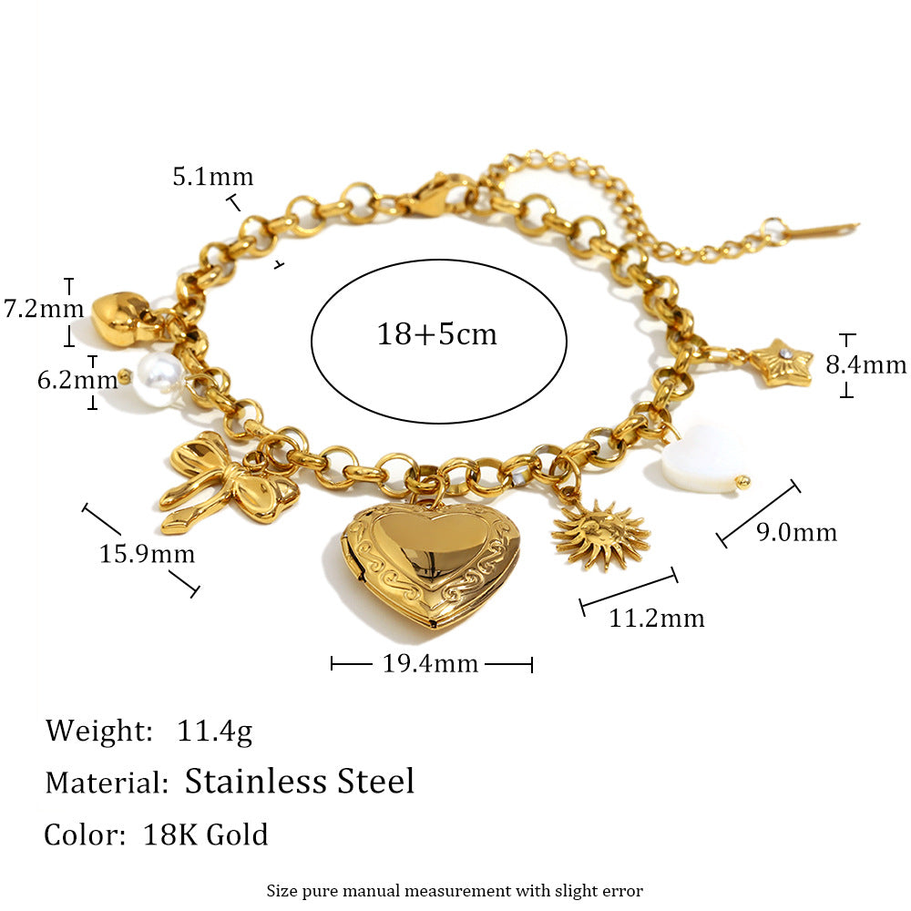 Fashionable Minimalist Heart and Butterfly Pendant Bracelet in Stainless Steel with 18K Gold Plating for Women