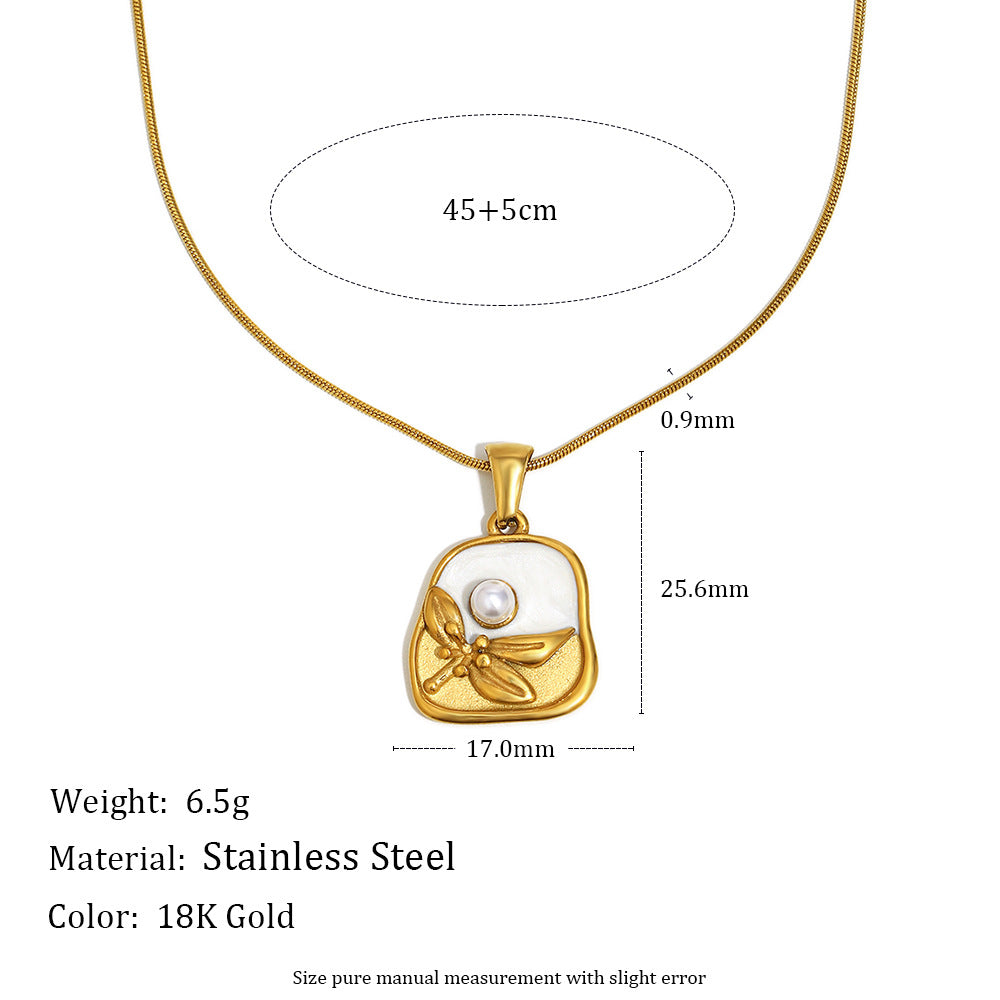 Collana da Donna Minimalista Geometrica in Acciaio Inossidabile Placcato Oro 18K con Ciondolo Floreale Effetto Perla e Smalto