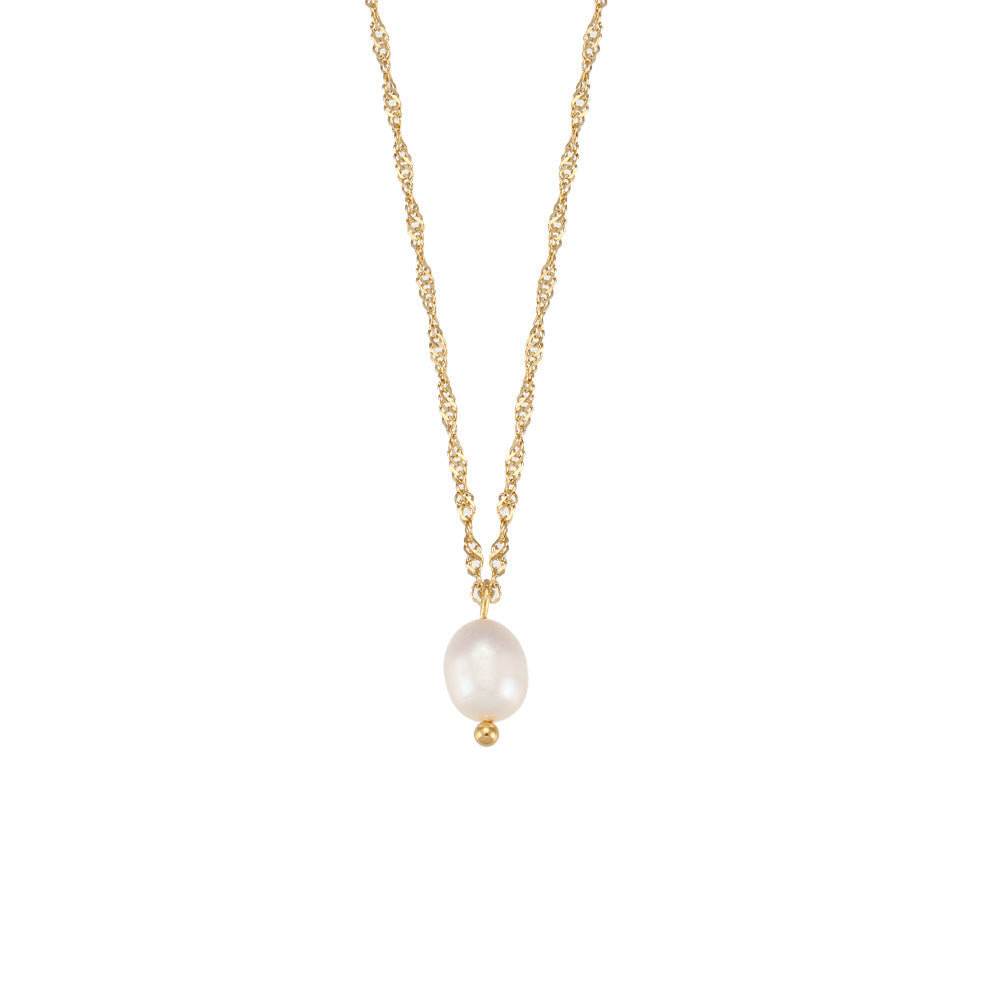 Collana da donna alla moda geometrica in acciaio inossidabile placcato con ciondolo a perla, catena ondulata e perla d'acqua dolce