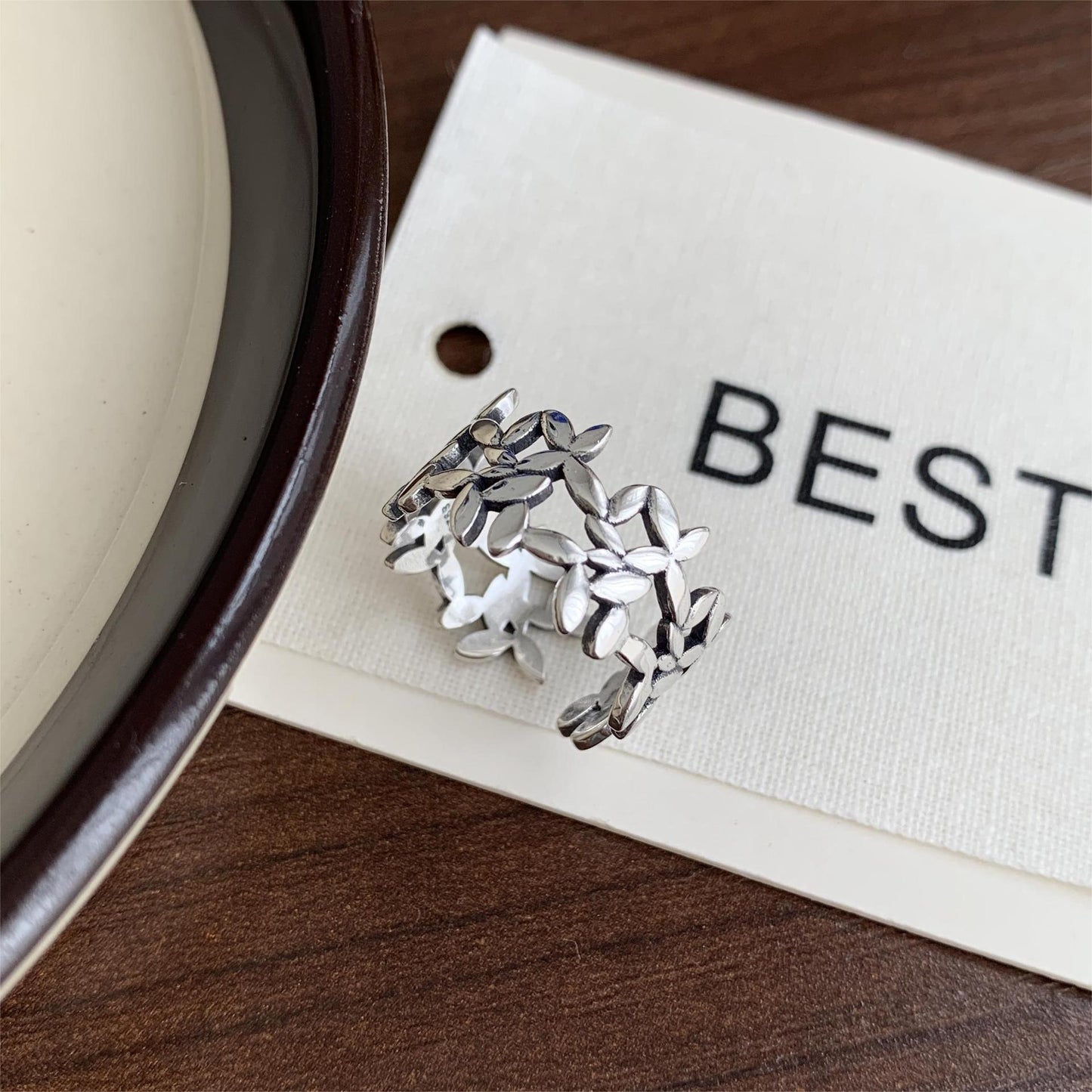 S925 Sterling Silver Leaf Ring Floral Vintage Minimalist Retro Open Band Ring for Women