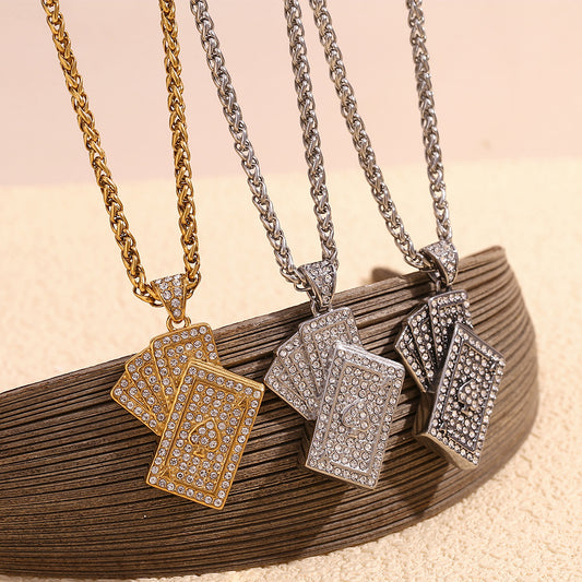 Minimalist Poker Card Pendant Necklace for Women Stainless Steel with 18K Gold Plating and Full Rhinestone Inlay on Adjustable Chain
