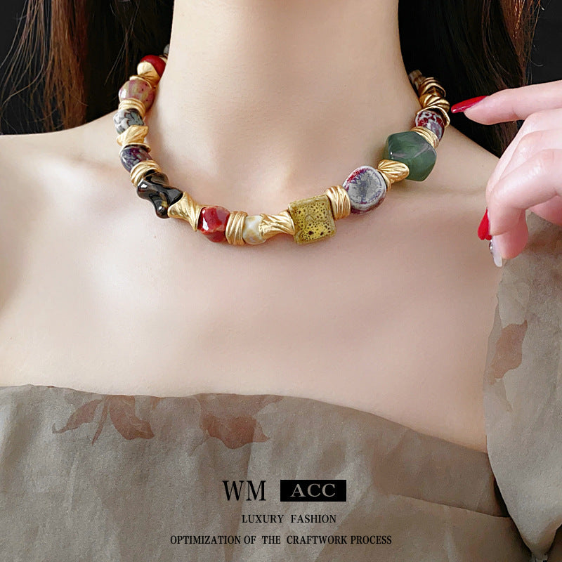 Vintage Floral Ceramic Pendant Necklace with Geometric Accents for Women