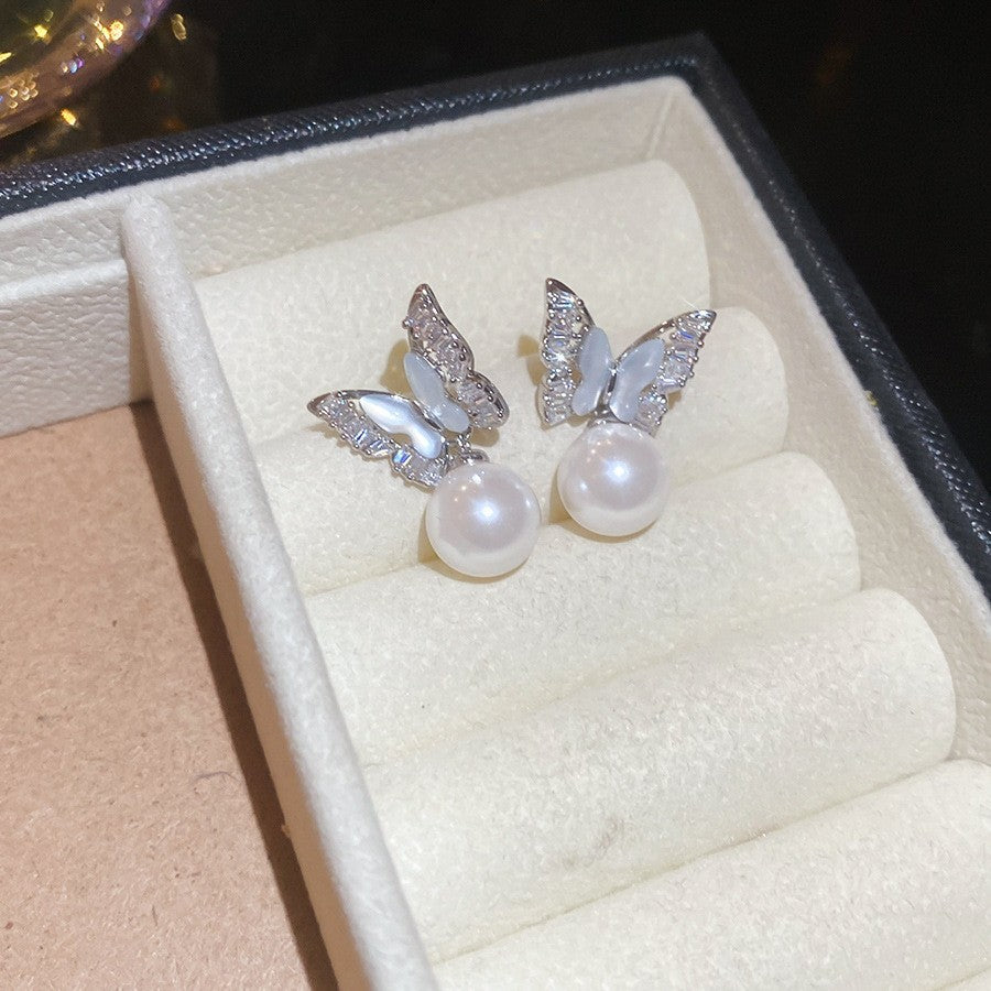 Pendientes de perlas geométricos para mujer con detalles de circonitas, postes de acero galvanizado, estilo retro lujoso y elegante para otoño e invierno