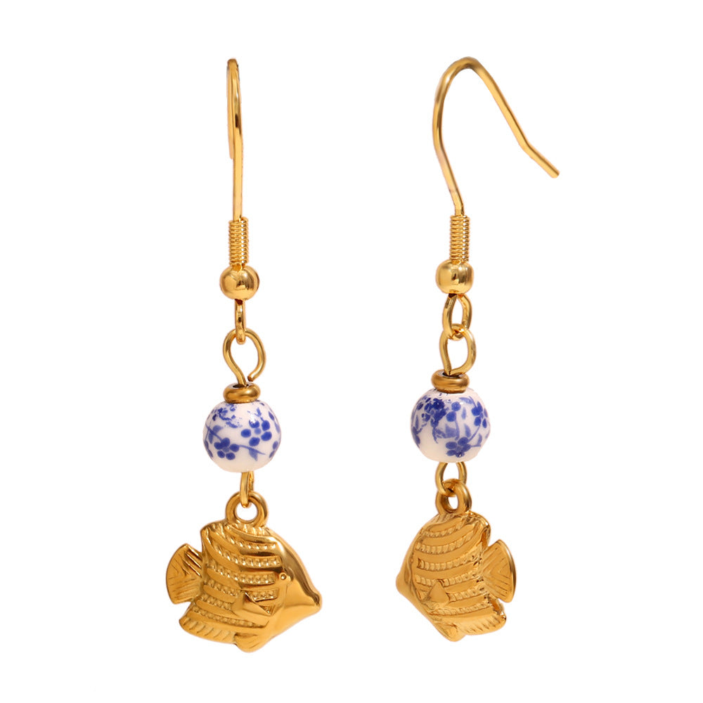 Vintage Style Fish-Shaped Stainless Steel Earrings with 18K Gold Plating and Abalone Inlay for Women