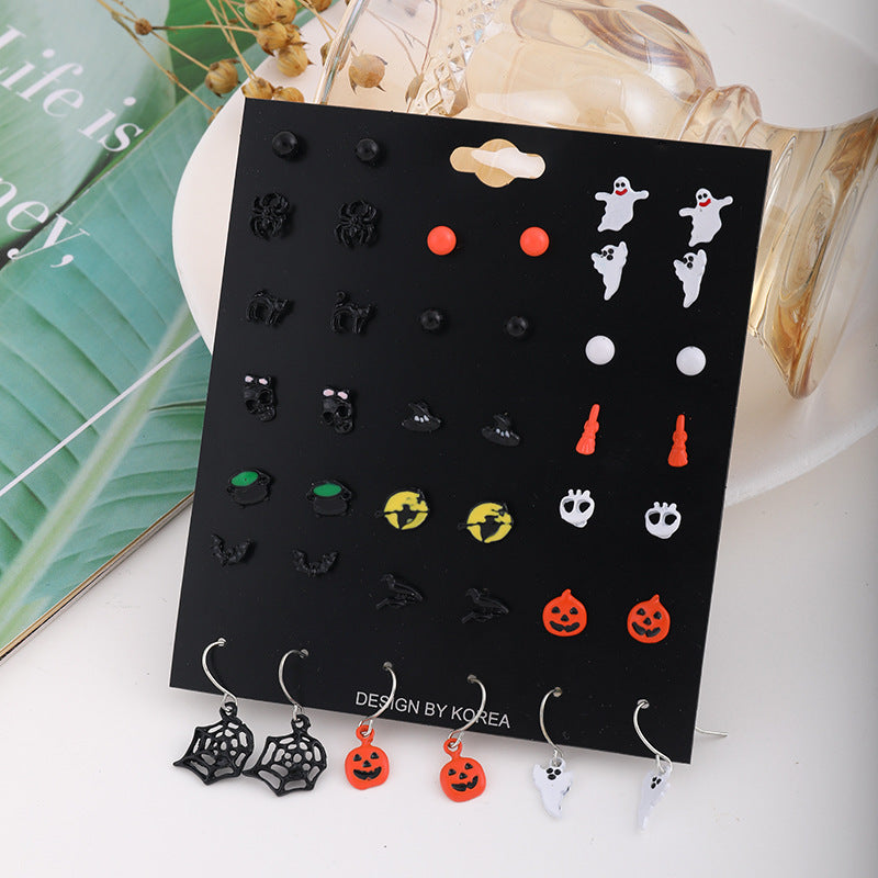 Juego de pendientes de Halloween estilo dibujos animados con diseño de calabaza, aretes de aleación y postes de acero inoxidable para mujer