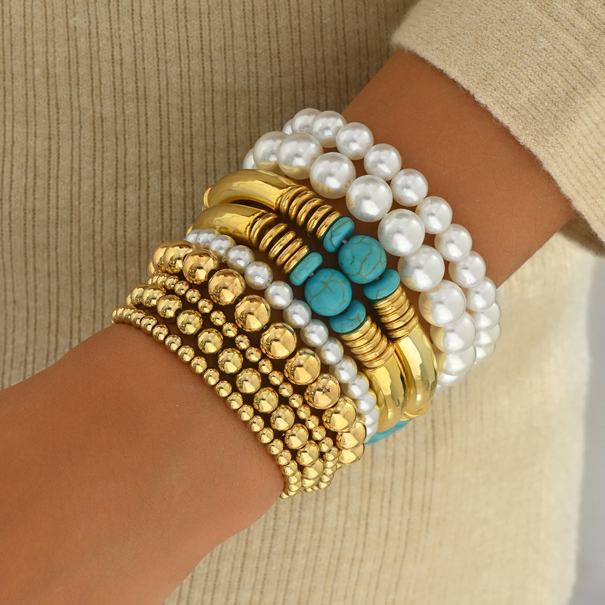 Set di bracciali in perle geometriche stile ufficio alla moda da donna, bracciali intrecciati fatti a mano con perline