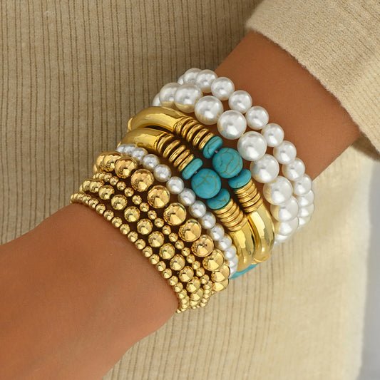 Set di bracciali in perle geometriche stile ufficio alla moda da donna, bracciali intrecciati fatti a mano con perline