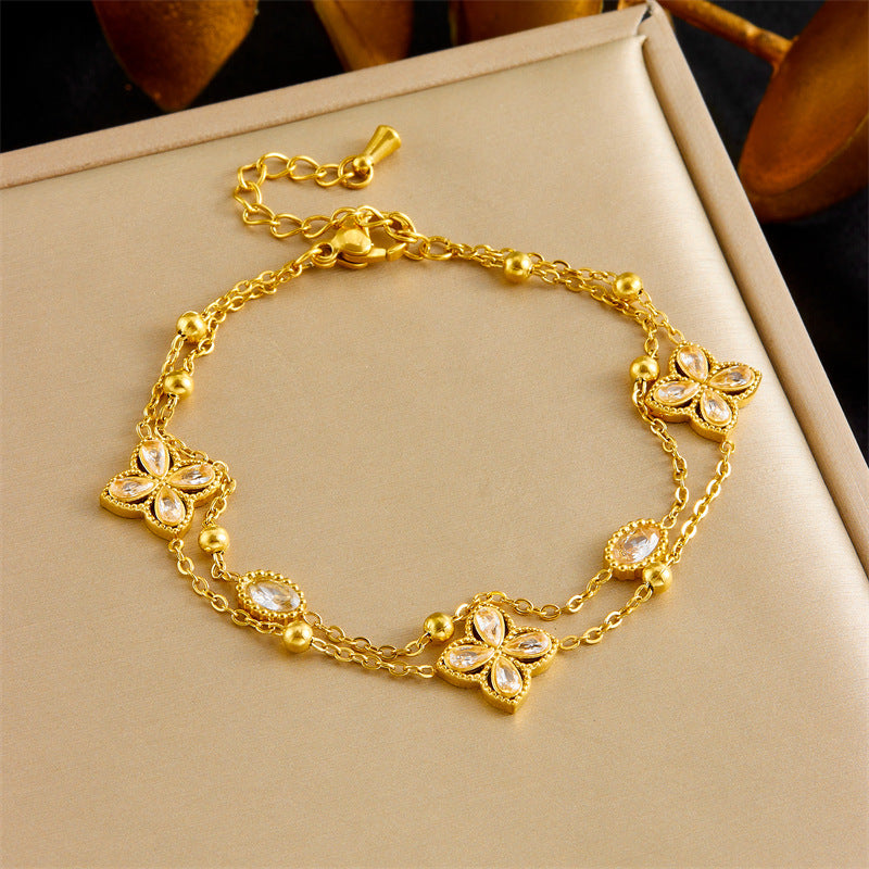 Luxury Elegant Geometric Floral Rhinestone Inlay Stainless Steel Double Layer Bracelet with Pearl