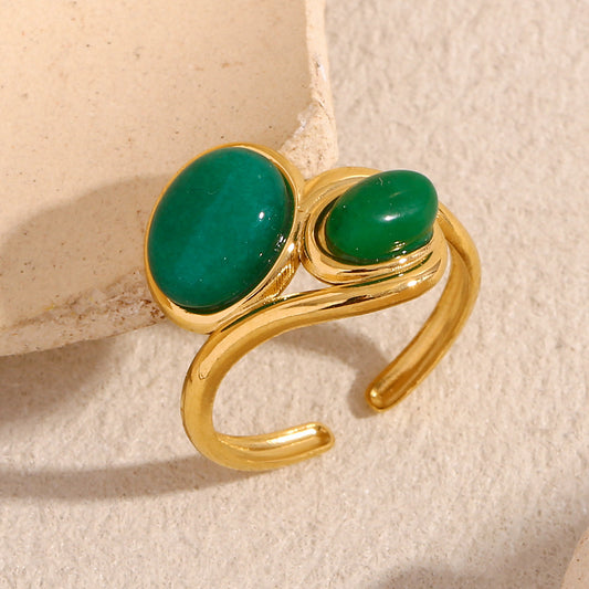 Vintage French Luxury Style Geometric Stainless Steel Ring with 18K Gold Plating and Two Green Gemstones for Women
