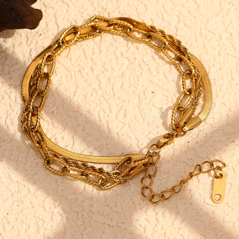 Fashionable Geometric Braided Paperclip Stainless Steel Plated 18K Gold Triple-Link Bracelet for Women