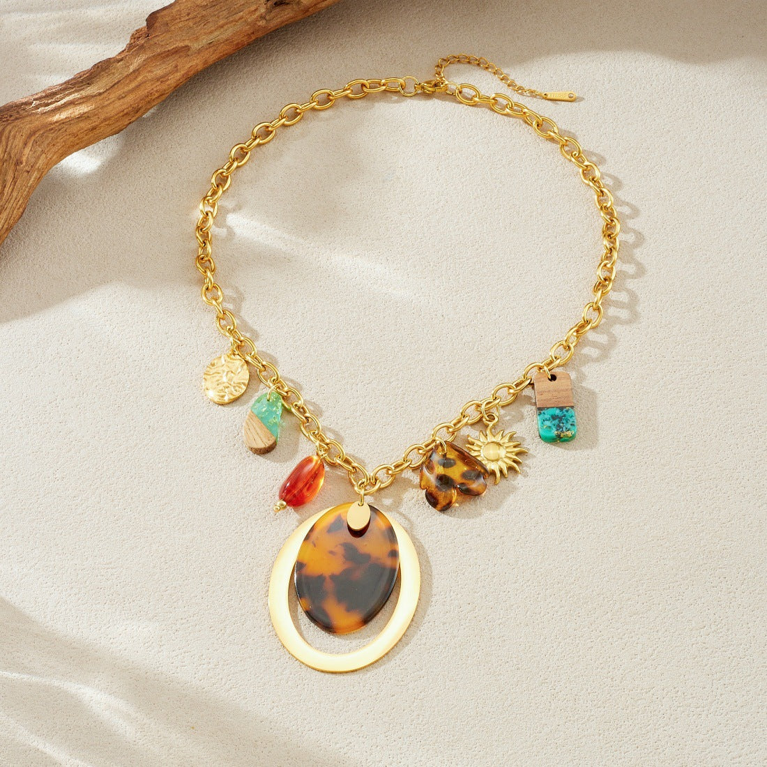 Vintage Gold Plated Geometric Oval Leopard Print Stainless Steel Pendant Necklace for Women