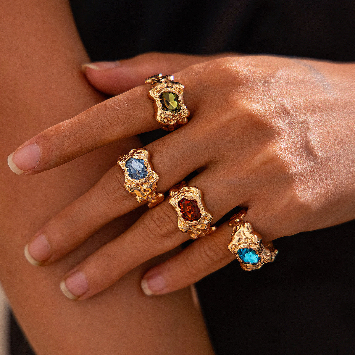 Sweet Vintage Geometric Alloy Plated Gemstone Inlay Ring Set for Women