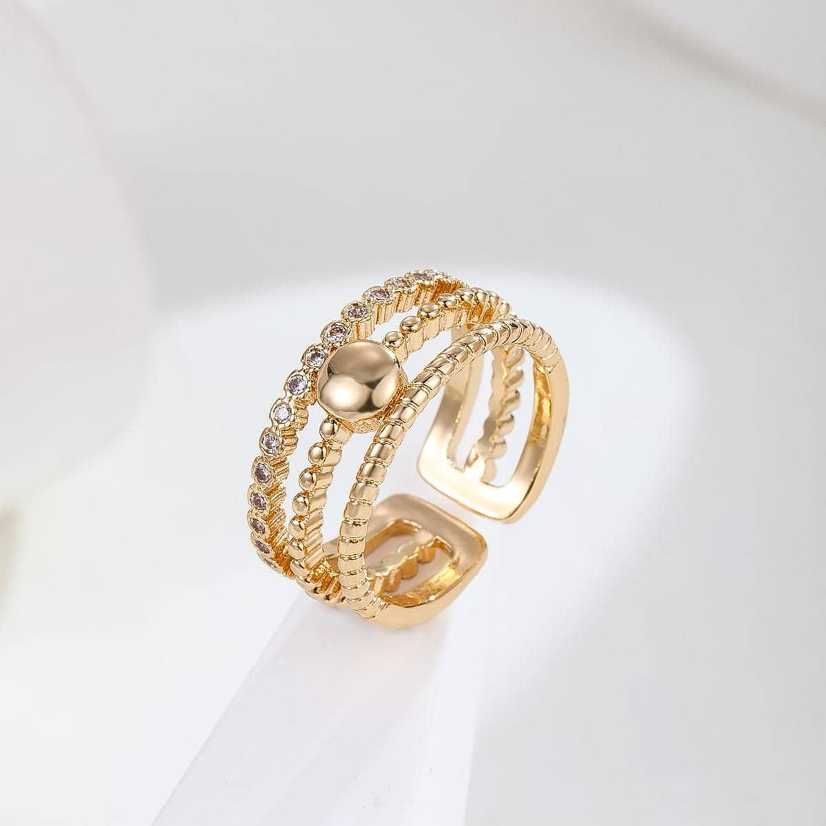 Anillo de cobre geométrico en forma de U estilo OL de moda con incrustaciones de circonitas, banda abierta ajustable para mujer