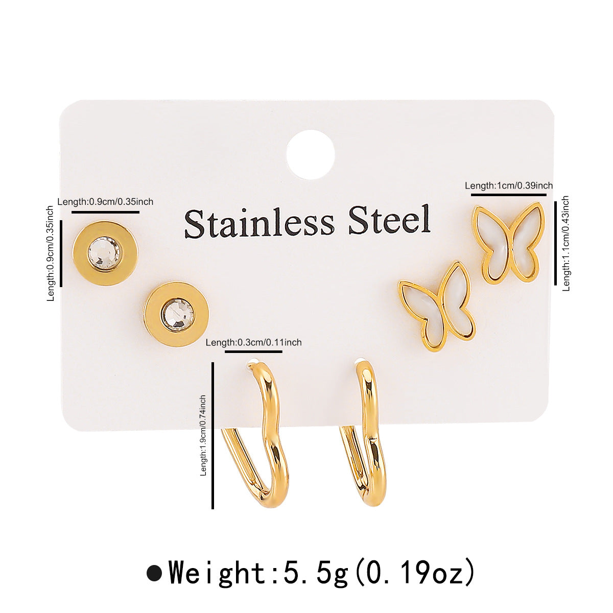 Pendientes minimalistas de acero inoxidable con forma de mariposa y baño de oro de 14 quilates para mujer