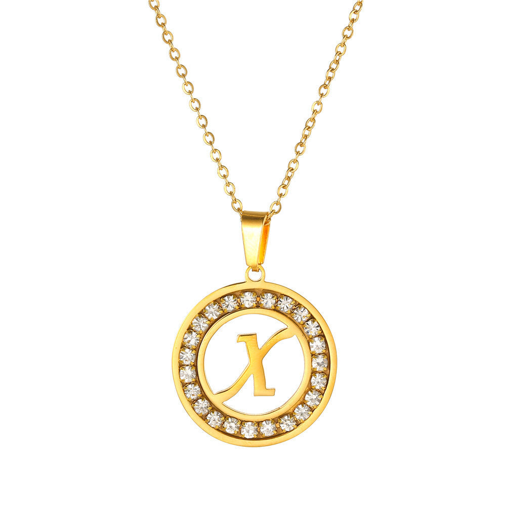 Minimalist Gold Plated Round Letter Rhinestone Inlay Pendant Necklace Titanium Steel Cable Chain