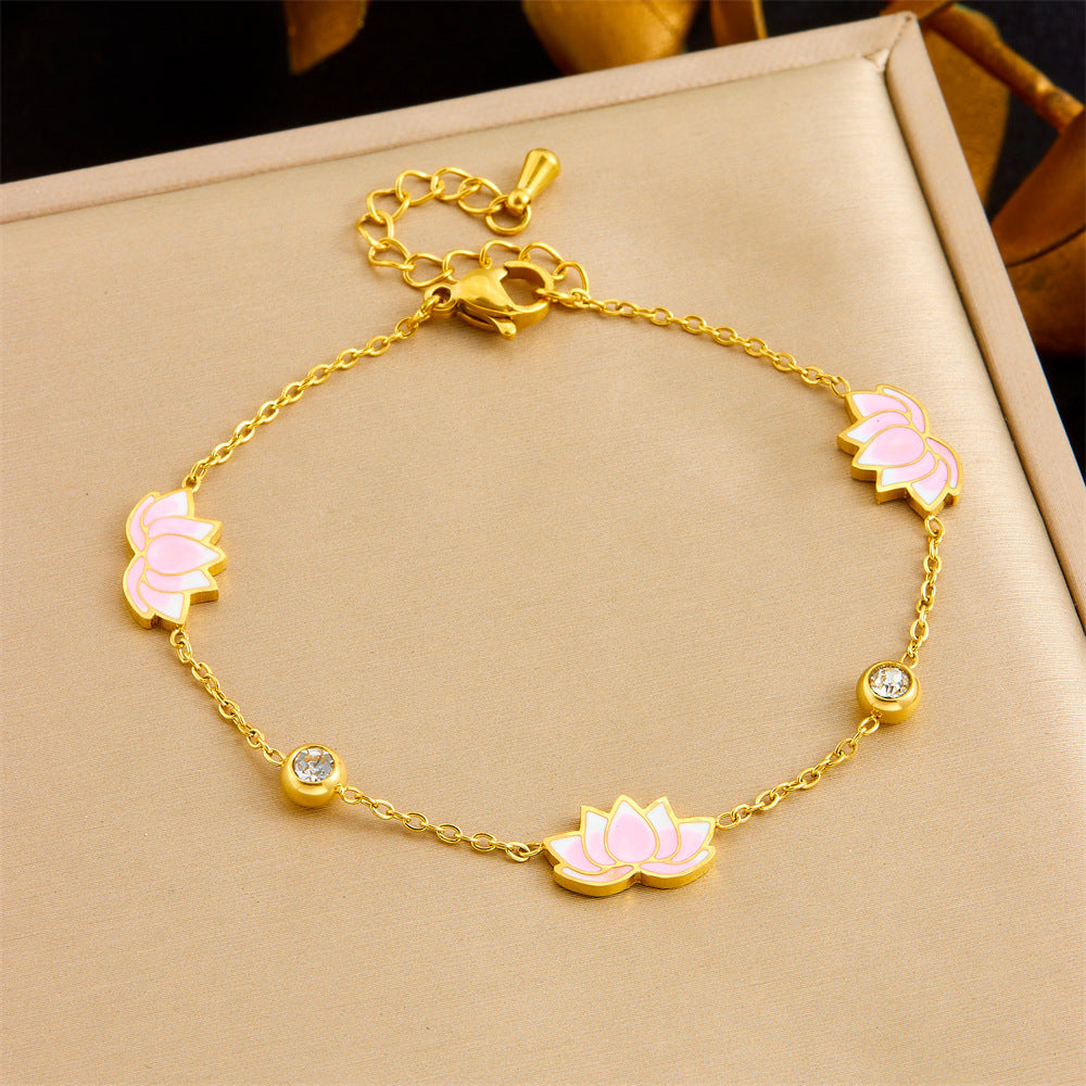 Minimalist Gradient Pink Lotus Rhinestone Drip Oil Stainless Steel Necklace Earring Bracelet Set with Cable Chain