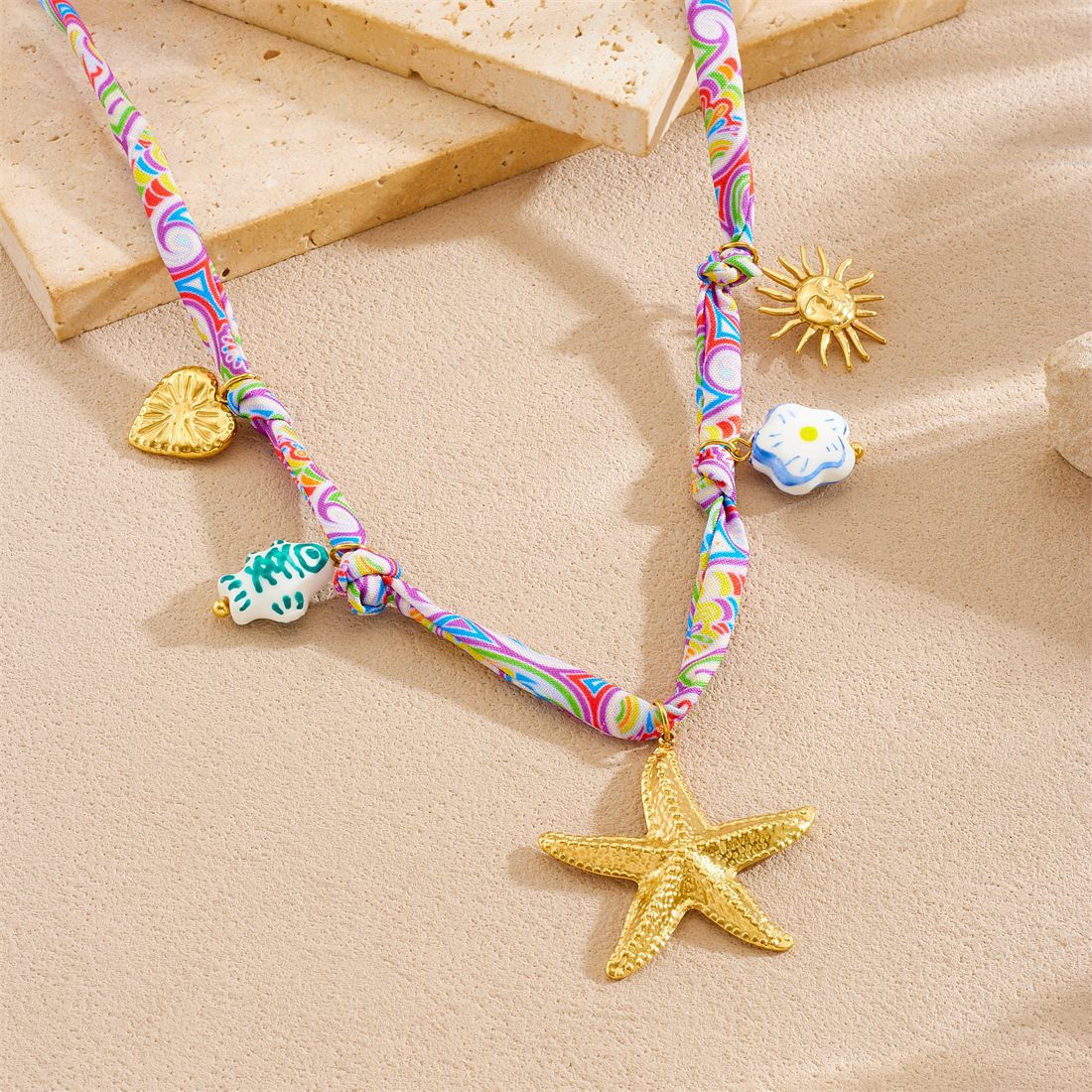 Elegant Gold Plated Stainless Steel Star and Animal Pendant Necklace with Ceramic Fish and Sunflower Charms