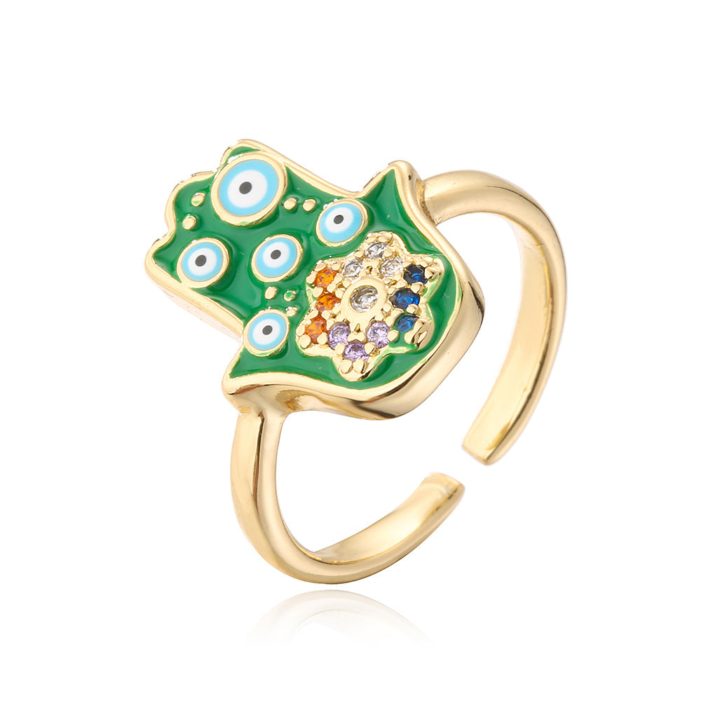 Ins Style Geometric Shaped Copper Ring with Gold Plating and Enamel Evil Eye and Hamsa Hand Design