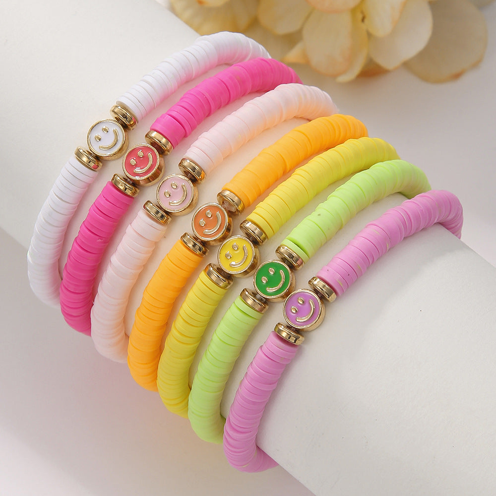 Set di Bracciali da Donna a Mano in Argilla Polimerica e Lega, Stile Bohemien, con Ciondoli Smiley Smaltati