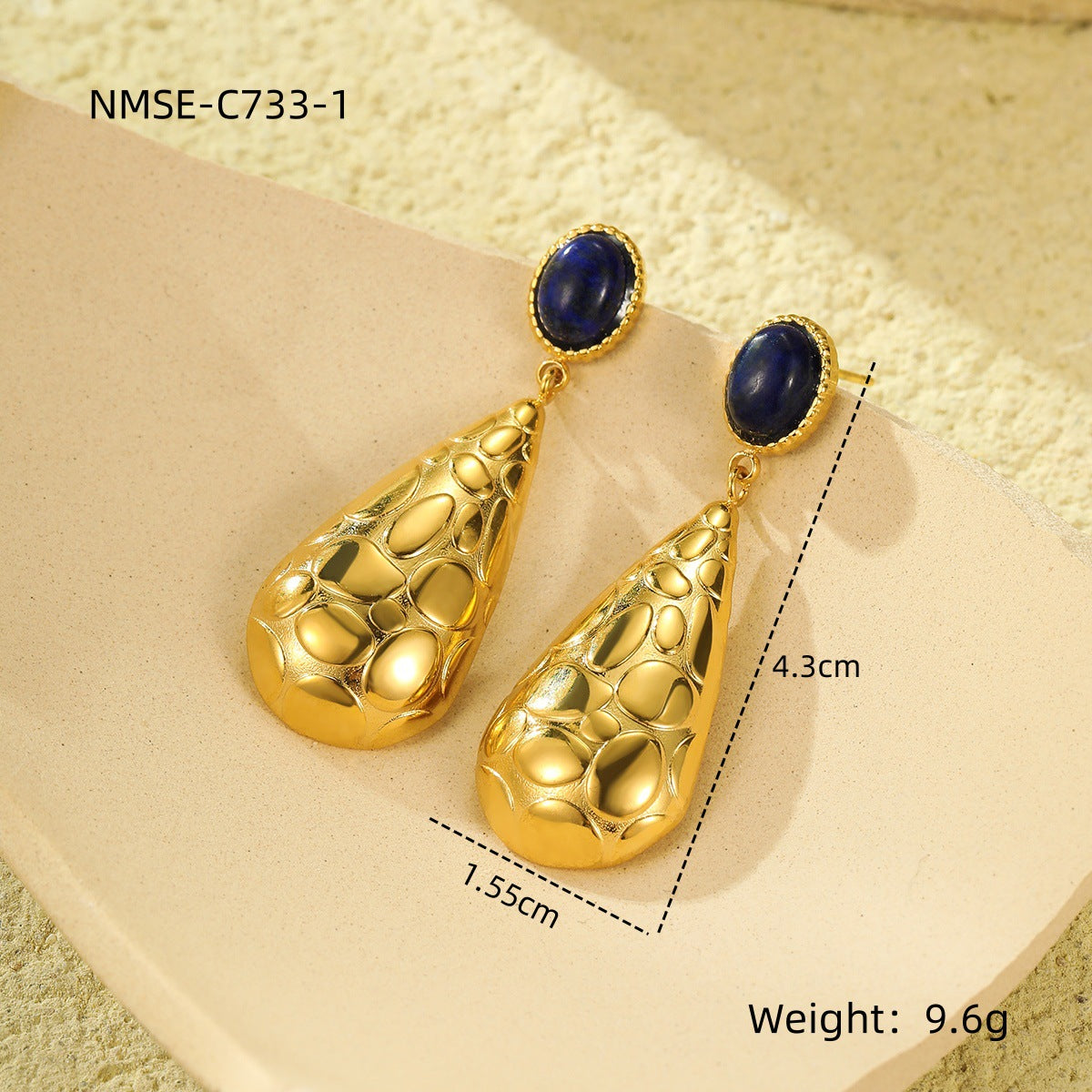Fashionable Water-Drop-Shaped Stainless Steel Stud Earrings with Natural Stone Inlay and Plated Finish for Women