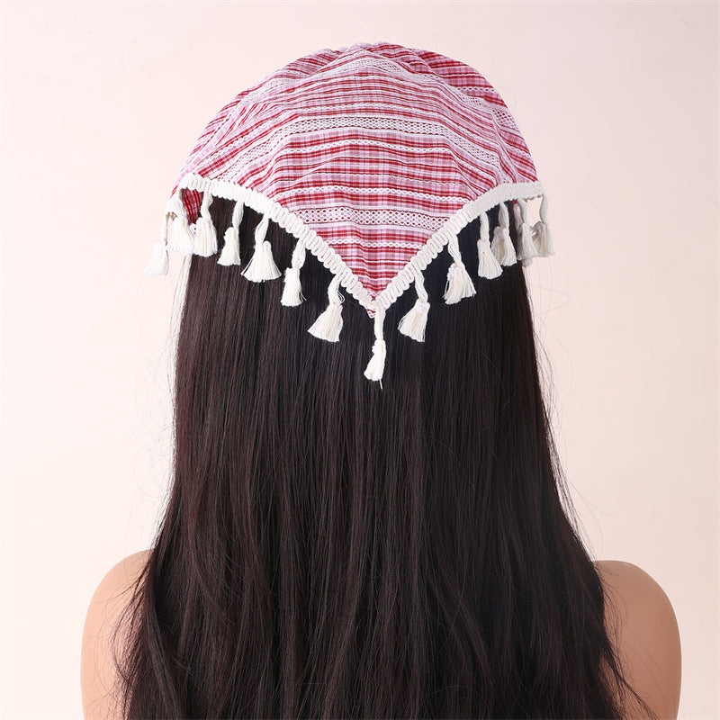 Diadema de tela a rayas bohemia para mujer con ribete de encaje y detalles de borlas