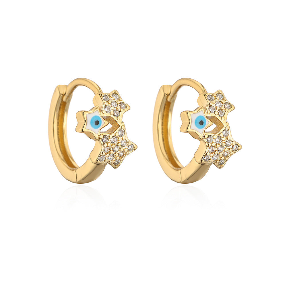 Fashionable Geometric Star-Shaped Copper Earrings with Gold Plating and Enamel Eye Detail for Women