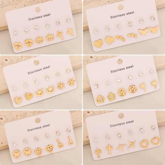 Encantadores pendientes de corazón y mariposa de acero inoxidable con detalles de diamantes de imitación y acabado chapado para mujer