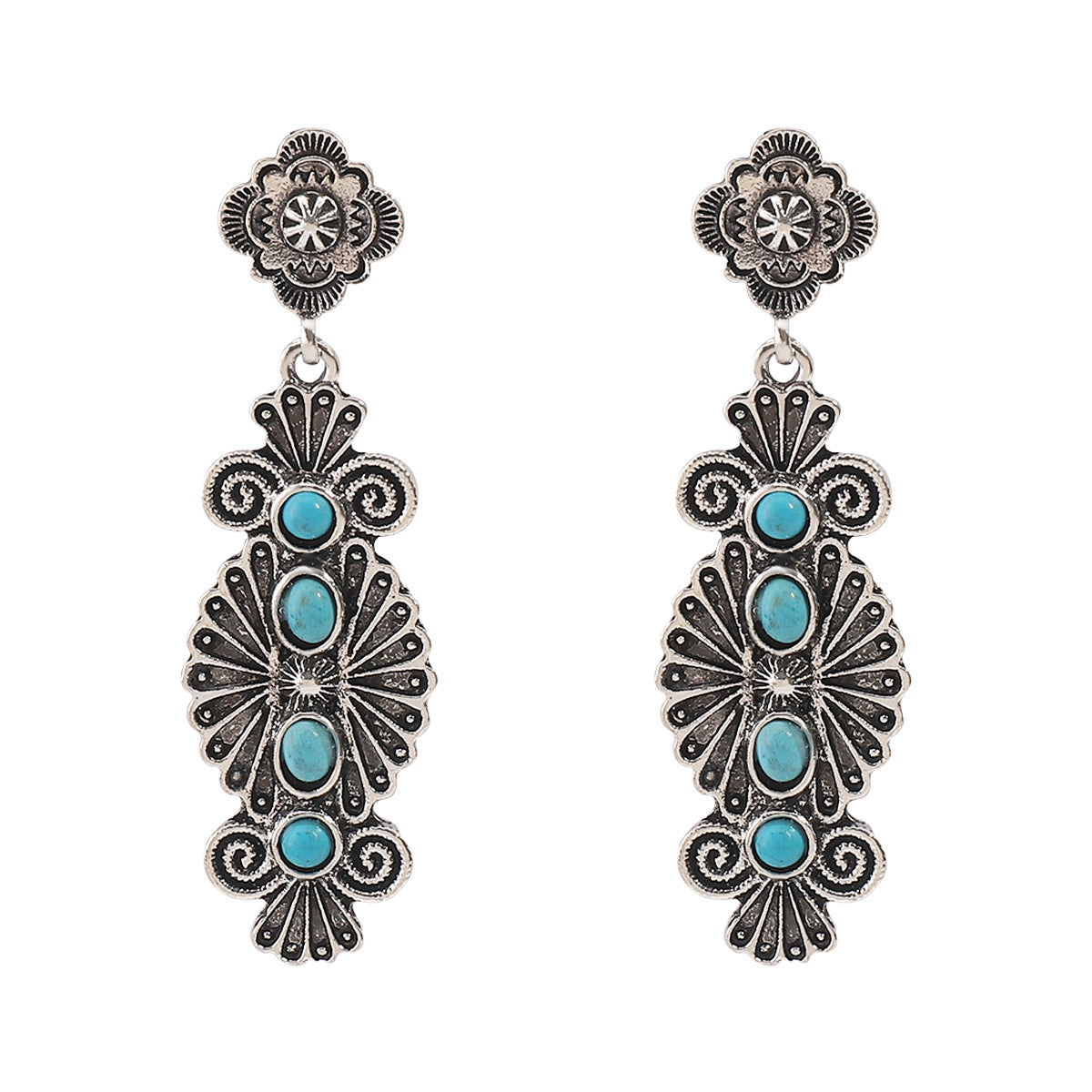 Pendientes vintage bohemios geométricos de filigrana con incrustaciones de turquesa en base de aleación con acabado chapado