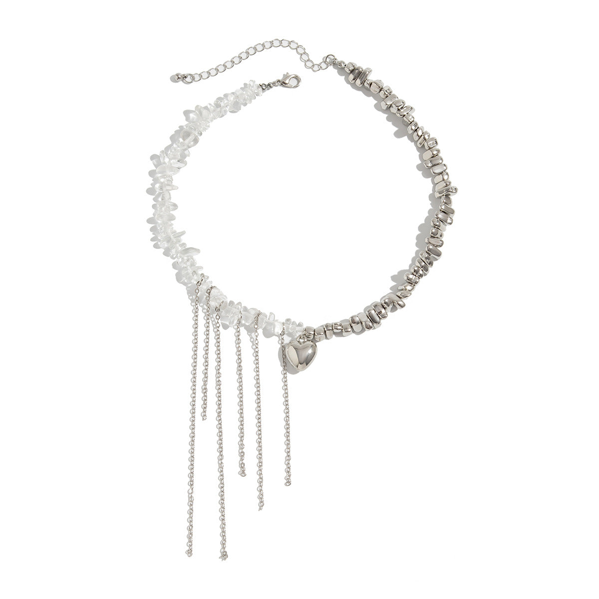 Collana pendente a cuore e croce personalizzata con nappe su catena di perline fatta a mano per donne, perle d'imitazione e lega, finitura placcata