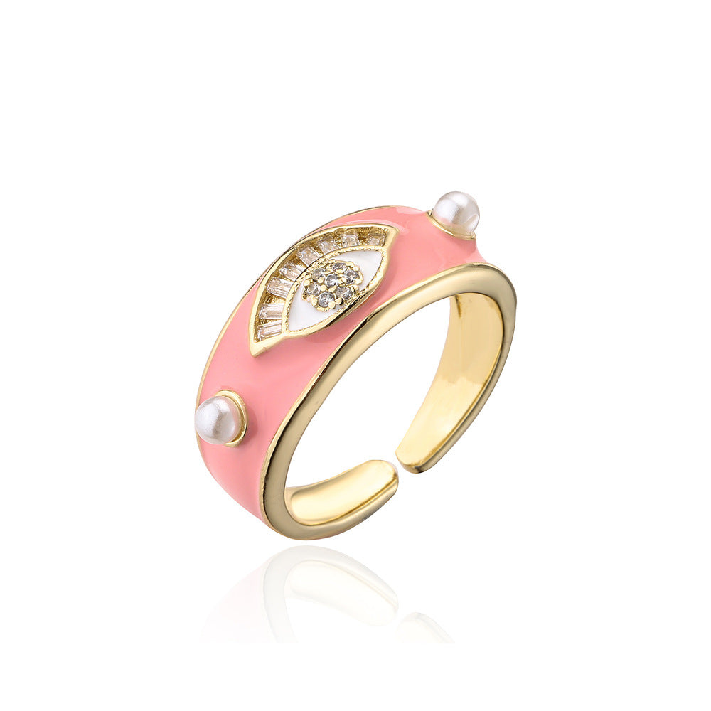 Minimalist Geometric Eye-Shaped Open Ring for Women Made of Brass with 18K Gold Plating and AAA Zircon Inlay