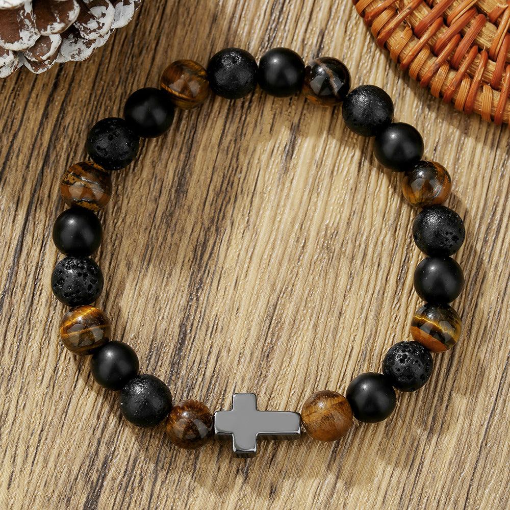 Handmade Round Natural Stone Bracelet with Citrine Tiger Eye and Hematite for Unisex