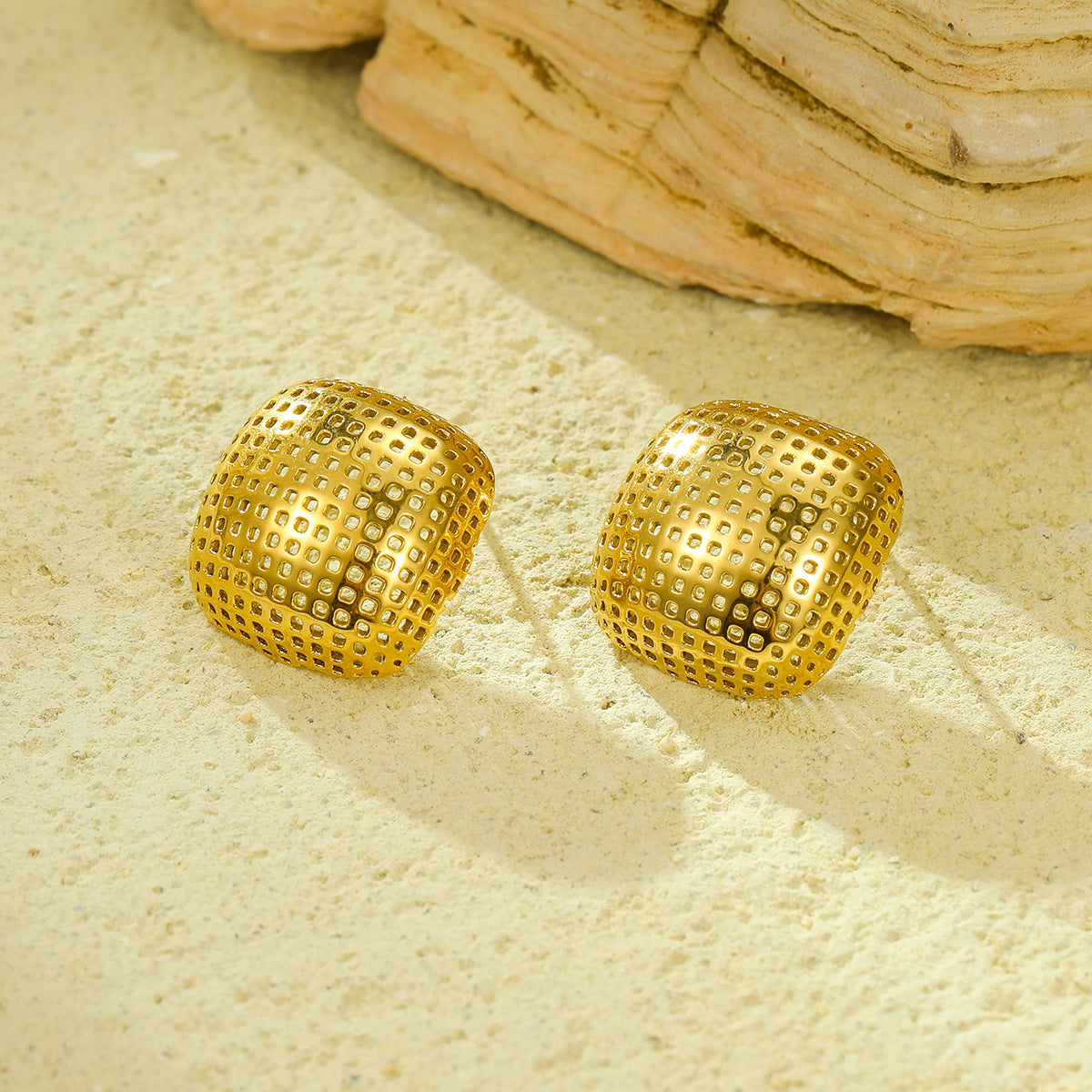 Minimalist Fashionable Square Stainless Steel Hollow Mesh Stud Earrings with Plating Finish for Women