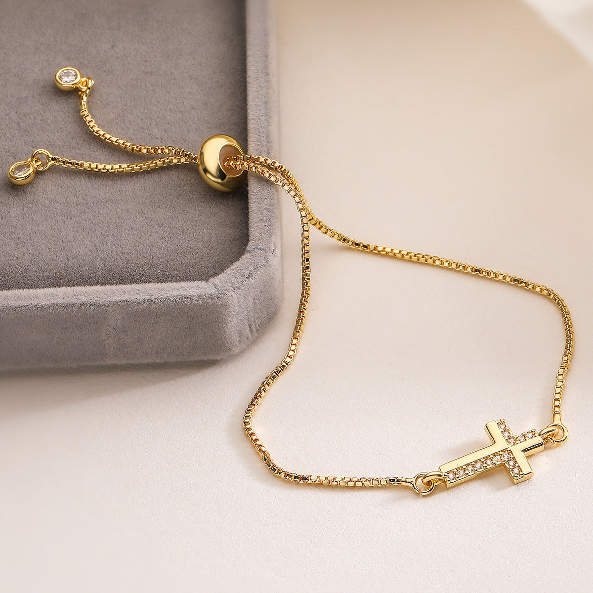 Minimalist Gold Plated Brass Cross Bracelet with Cubic Zirconia for Women
