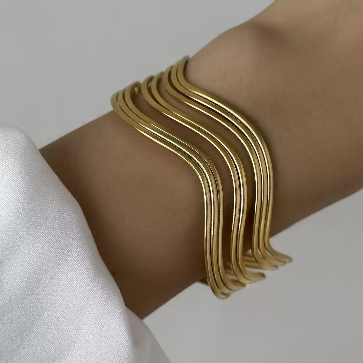 Fashion Geometric Textured Wave Pattern Plated Stainless Steel Wide Open Cuff Bracelet for Women