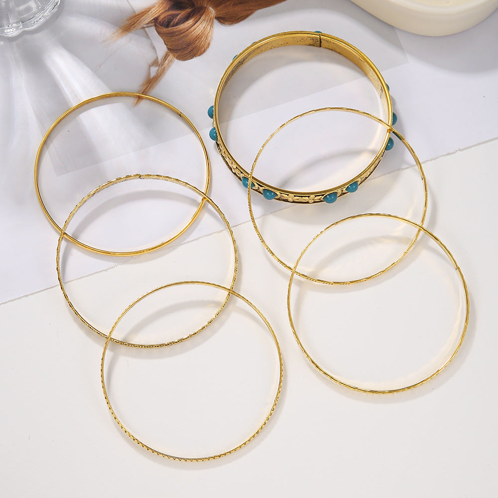Vintage Bohemian Round Geometric Plated Iron Cuff Bracelet with Synthetic Turquoise