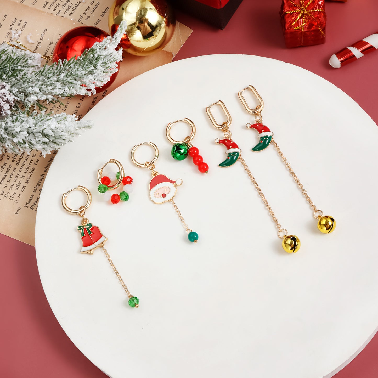 Pendientes colgantes vintage de campana de árbol de Navidad de aleación de zinc geométricos para mujer con acabado chapado