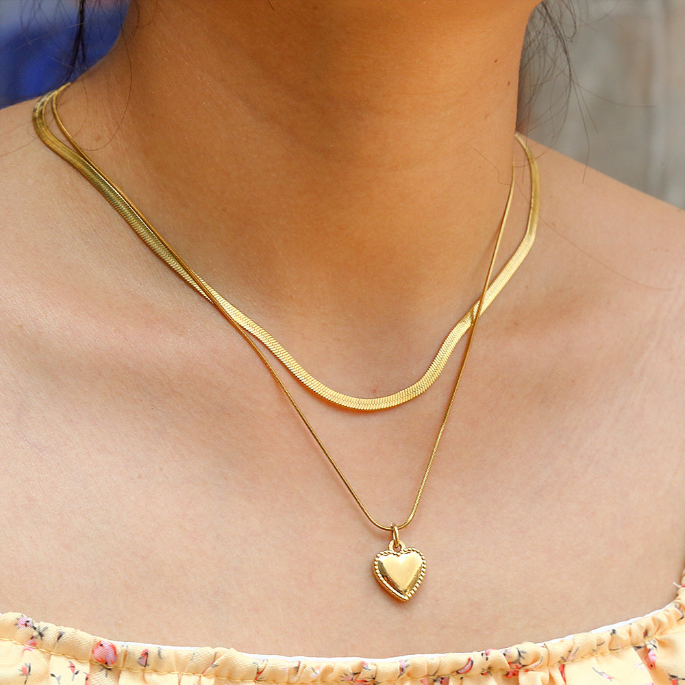Minimalist Double Layer Heart Pendant 18K Gold Plated Titanium Steel Snake Chain Necklace for Women