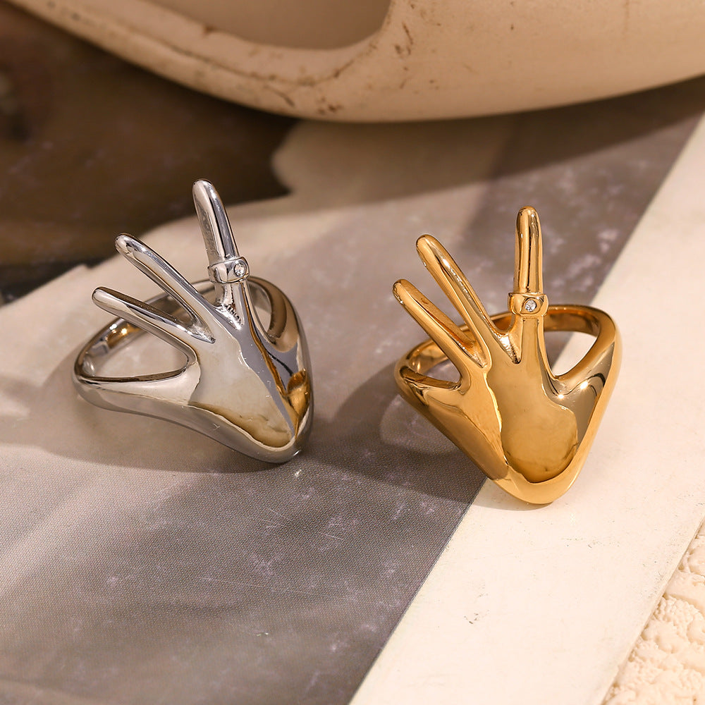 Minimalist Geometric Stainless Steel Plated 18K Gold Ring with Rhinestone Accents for Women