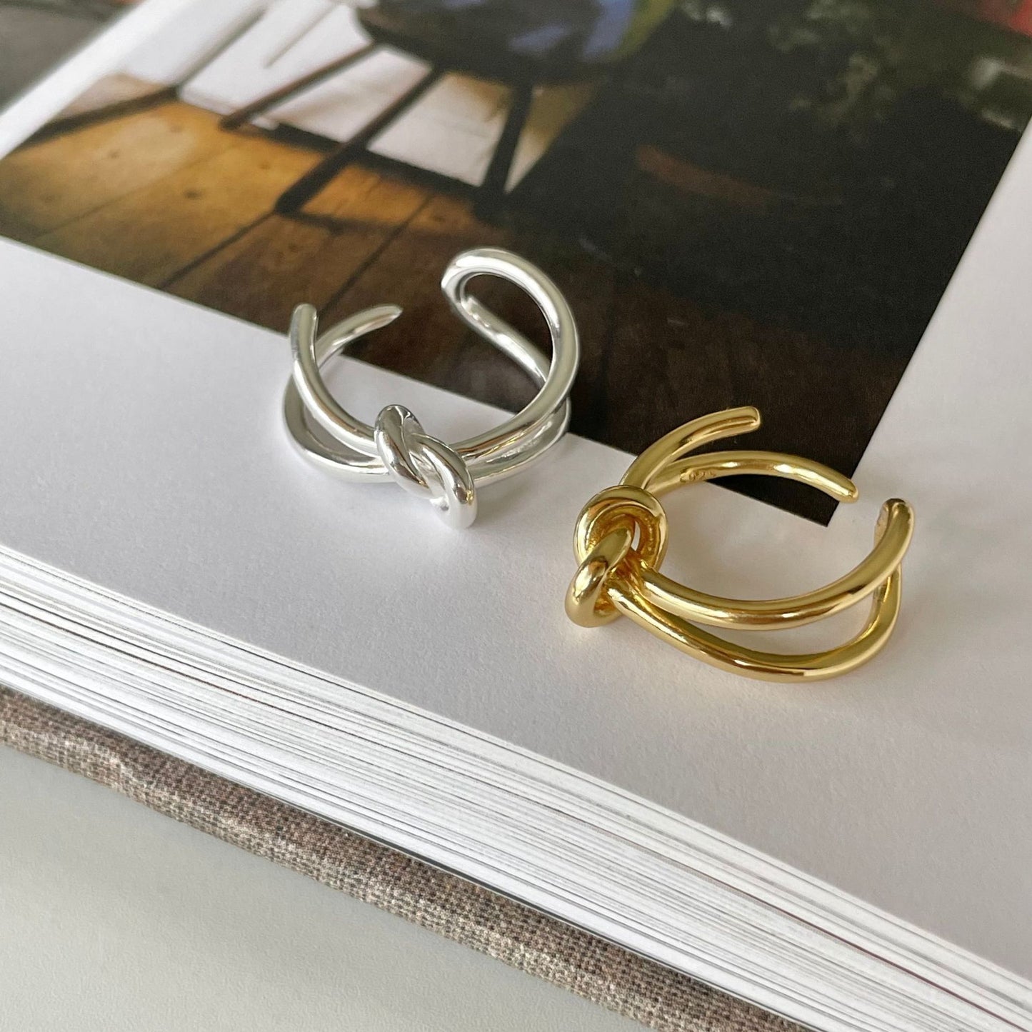 Anello Aperto Nodo Geometrico Minimalista in Argento Sterling 925 Placcato Oro da Donna