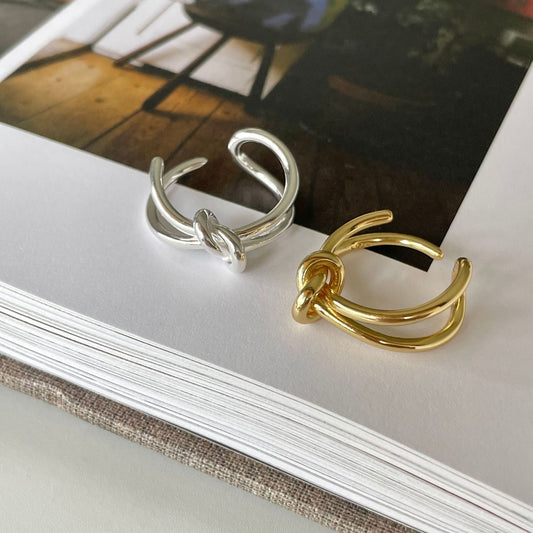 Anillo Abierto Minimalista de Plata de Ley 925 con Nudo Geométrico Chapado en Oro para Mujer